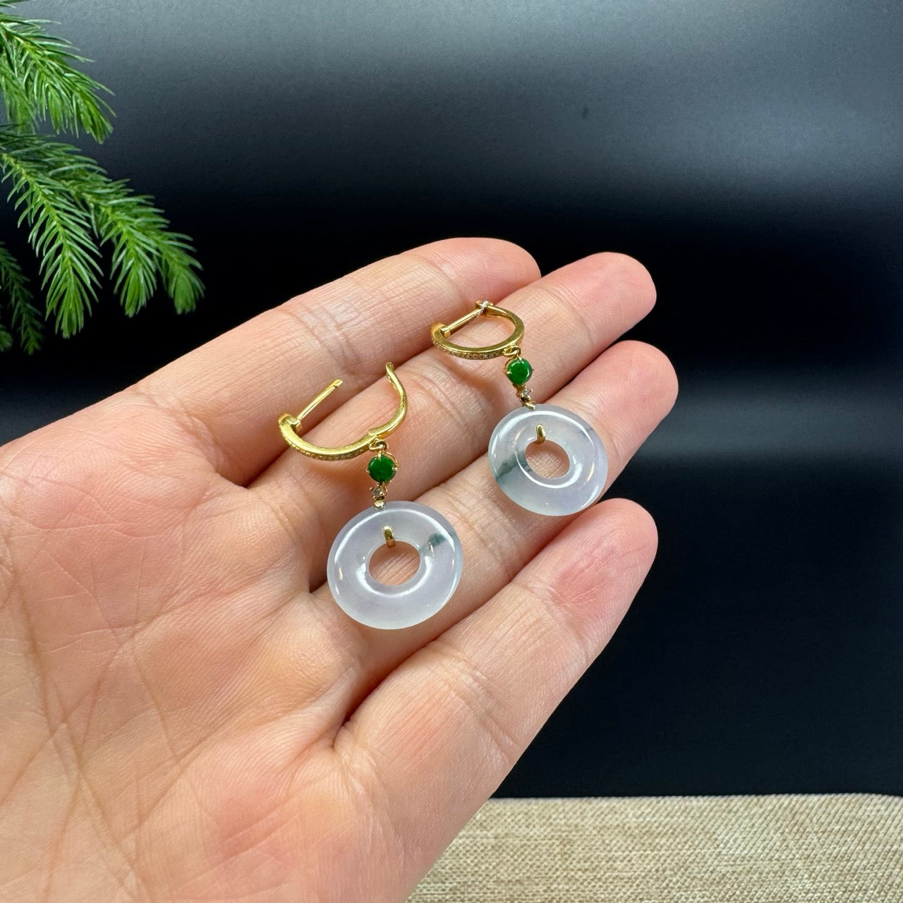 18k Yellow Gold Genuine Icy Lavender Green  KouKou Jadeite Jade Earrings With Diamonds