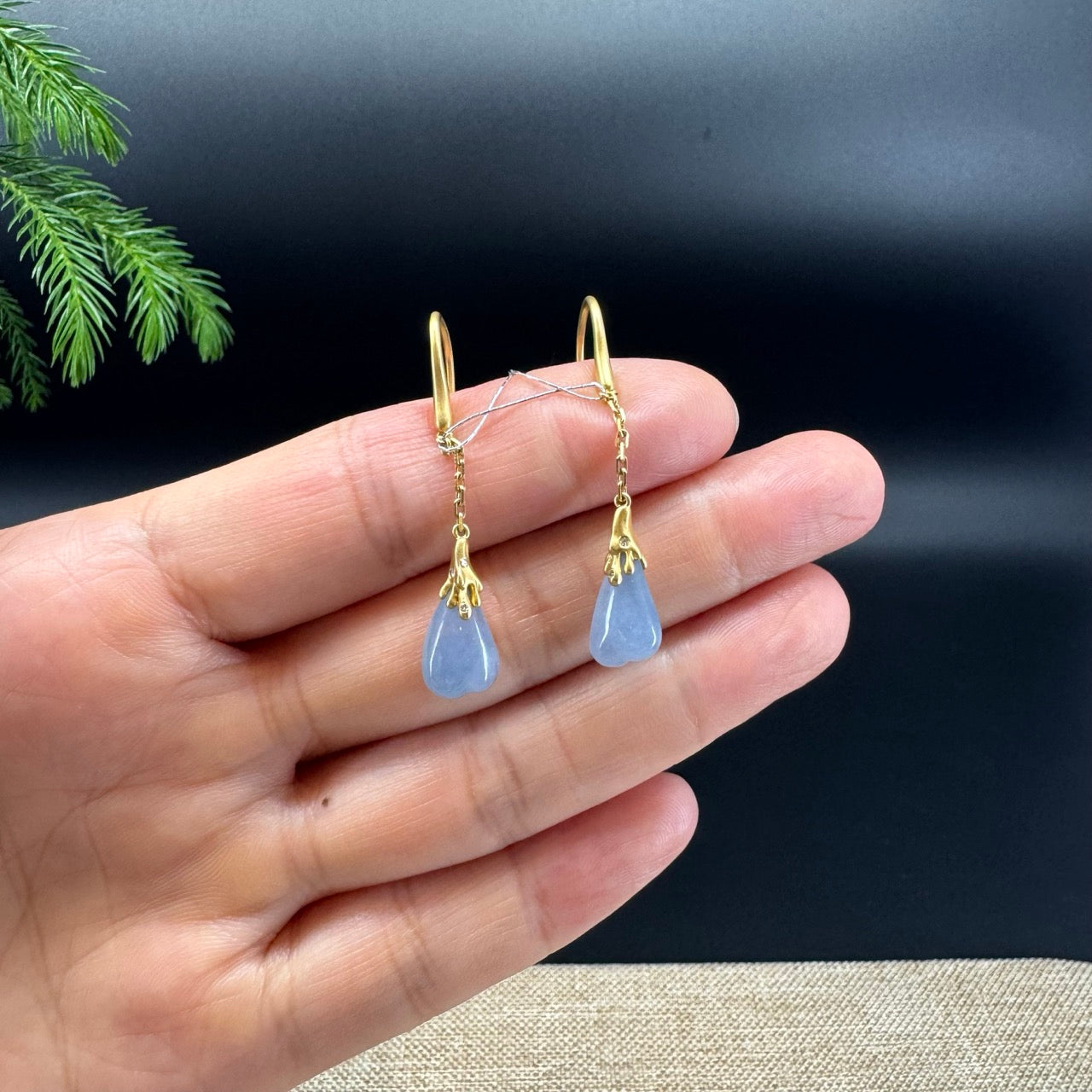18k Yellow Gold Genuine Blue Lavender Jadeite Jade Melon Earrings