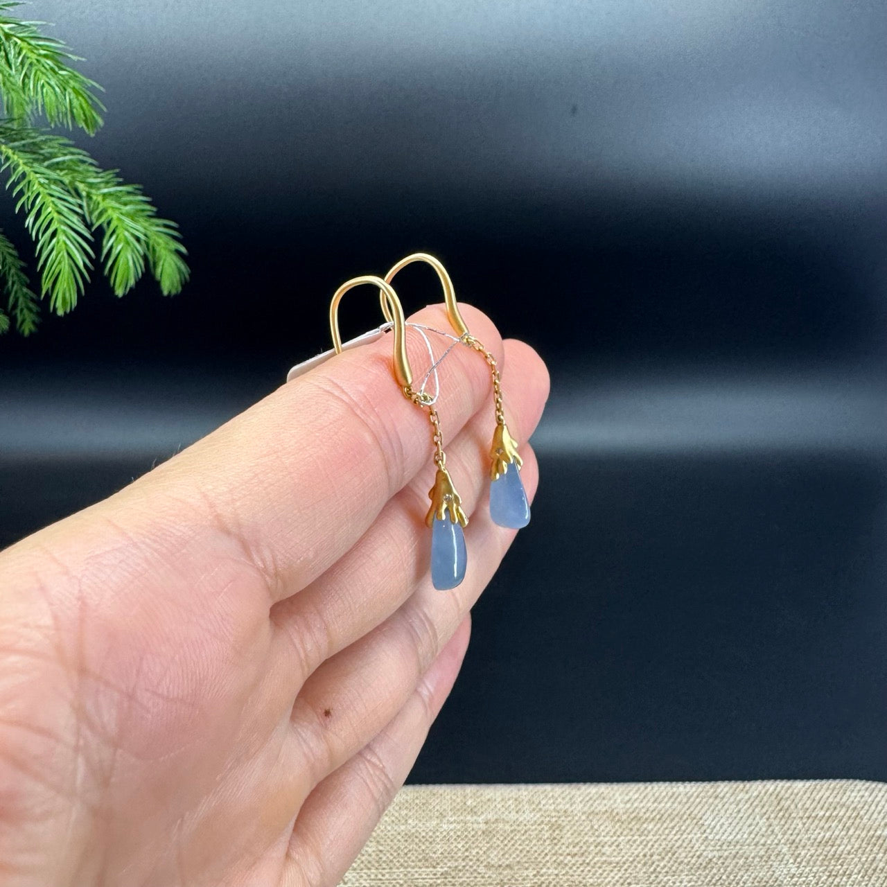 18k Yellow Gold Genuine Blue Lavender Jadeite Jade Melon Earrings