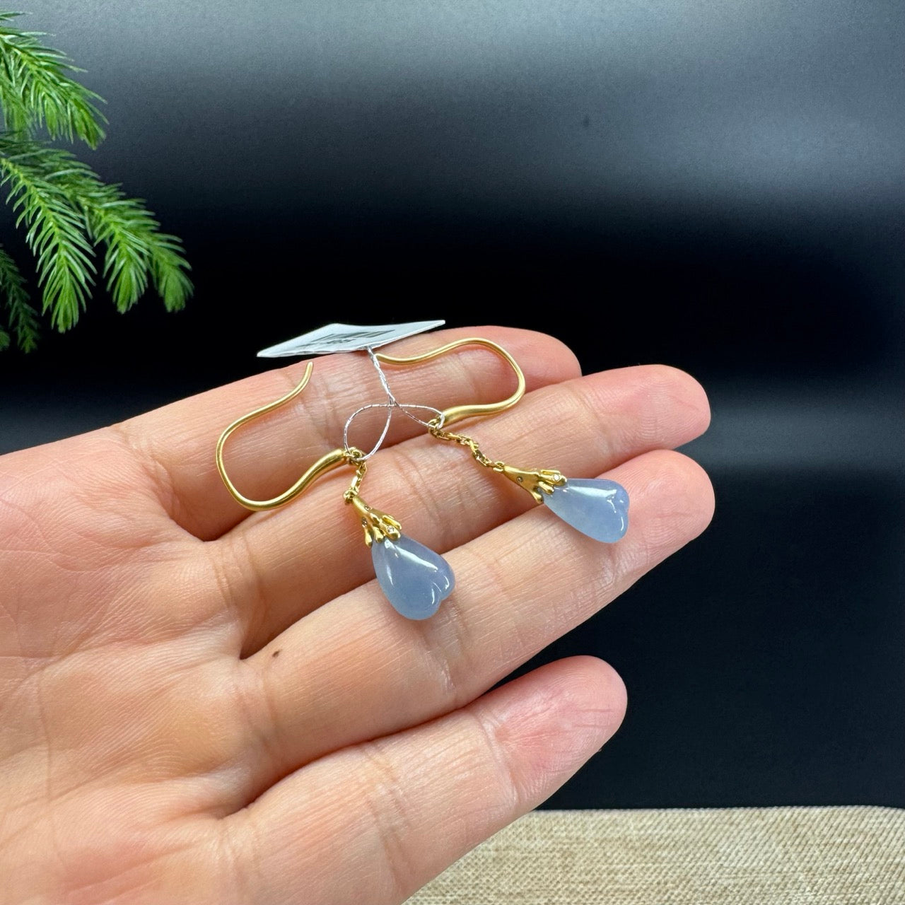 18k Yellow Gold Genuine Blue Lavender Jadeite Jade Melon Earrings