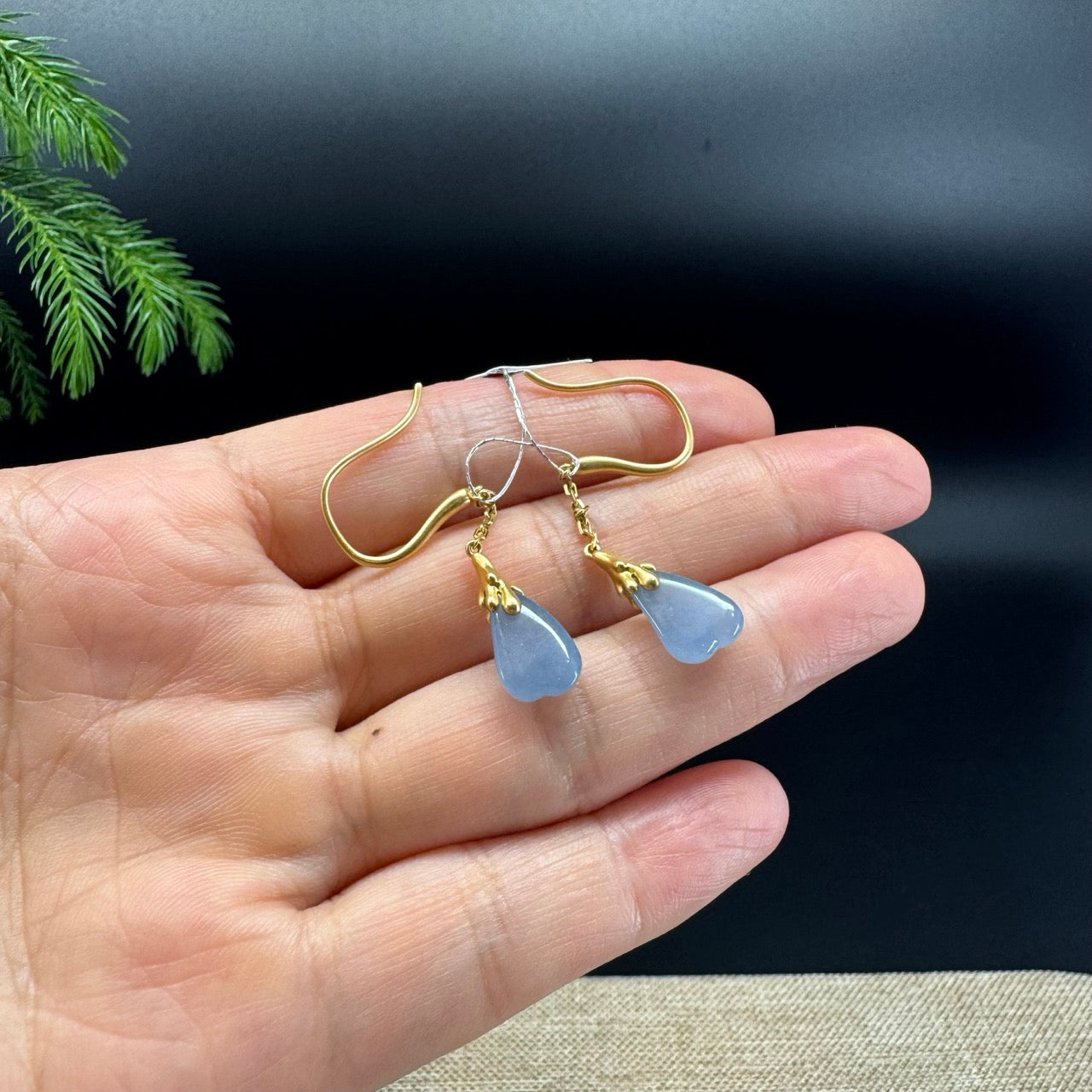 18k Yellow Gold Genuine Blue Lavender Jadeite Jade Melon Earrings