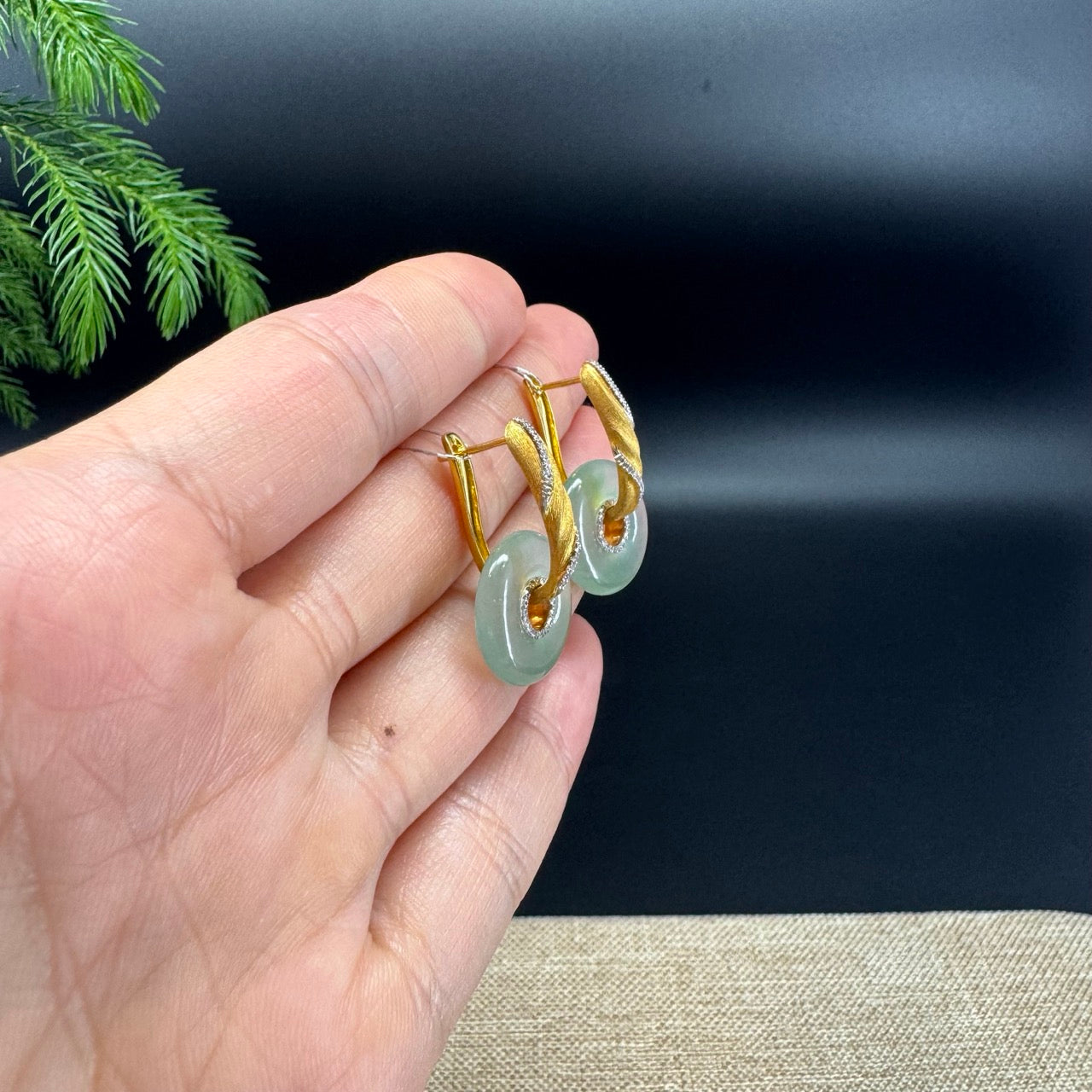 18k Yellow Gold Genuine Icy Green Koukou Jadeite Jade Diamonds Earrings