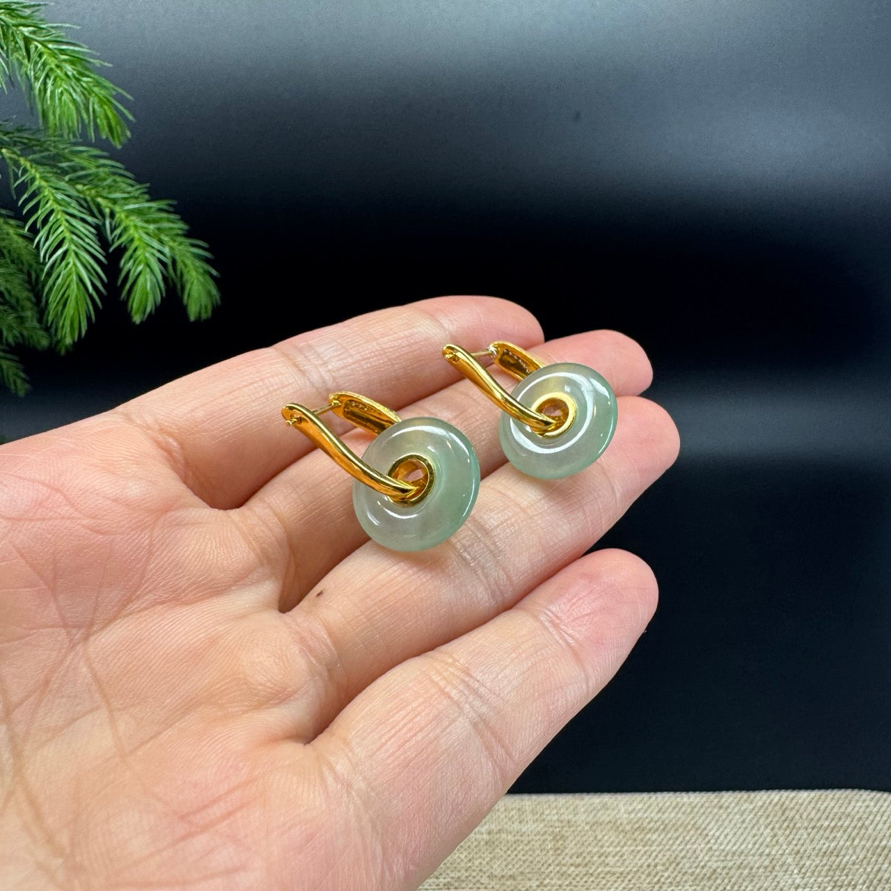 18k Yellow Gold Genuine Icy Green Koukou Jadeite Jade Diamonds Earrings