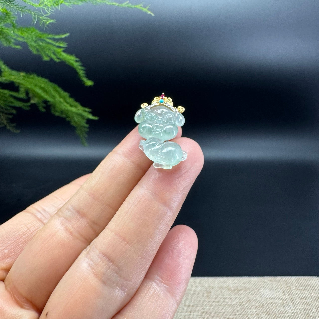 "Good Luck Button" Ice Jadeite Jade Puppy Dog Pendant With 18K Yellow Gold  Diamond Bail