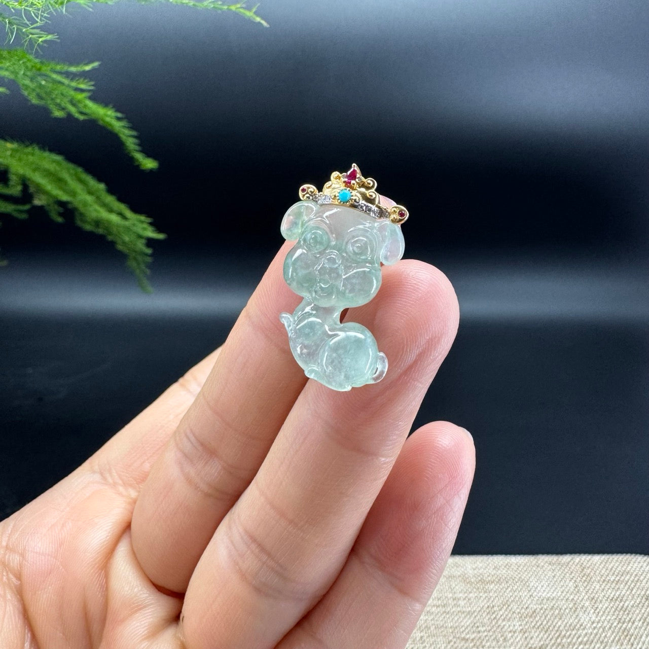 "Good Luck Button" Ice Jadeite Jade Puppy Dog Pendant With 18K Yellow Gold  Diamond Bail