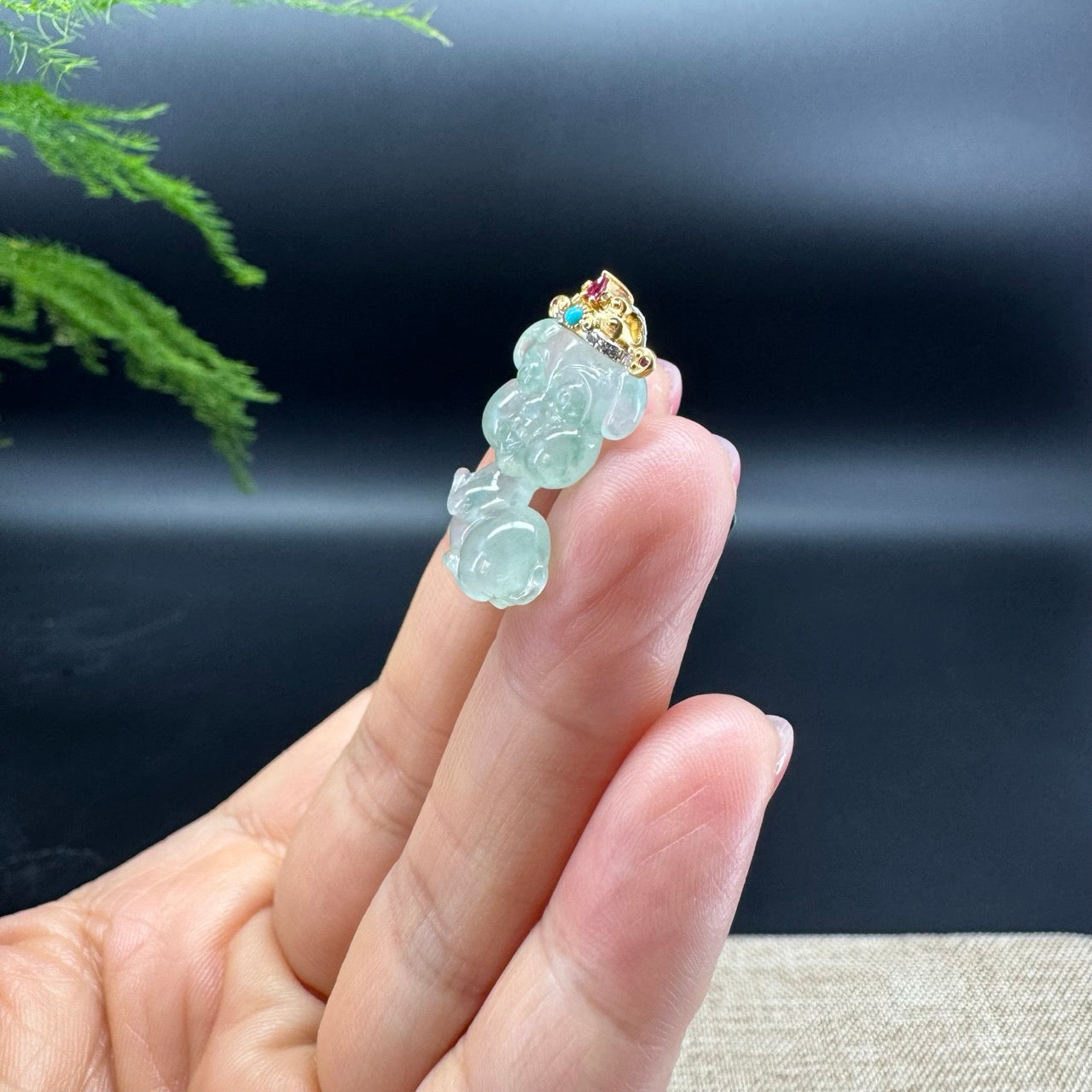 "Good Luck Button" Ice Jadeite Jade Puppy Dog Pendant With 18K Yellow Gold  Diamond Bail