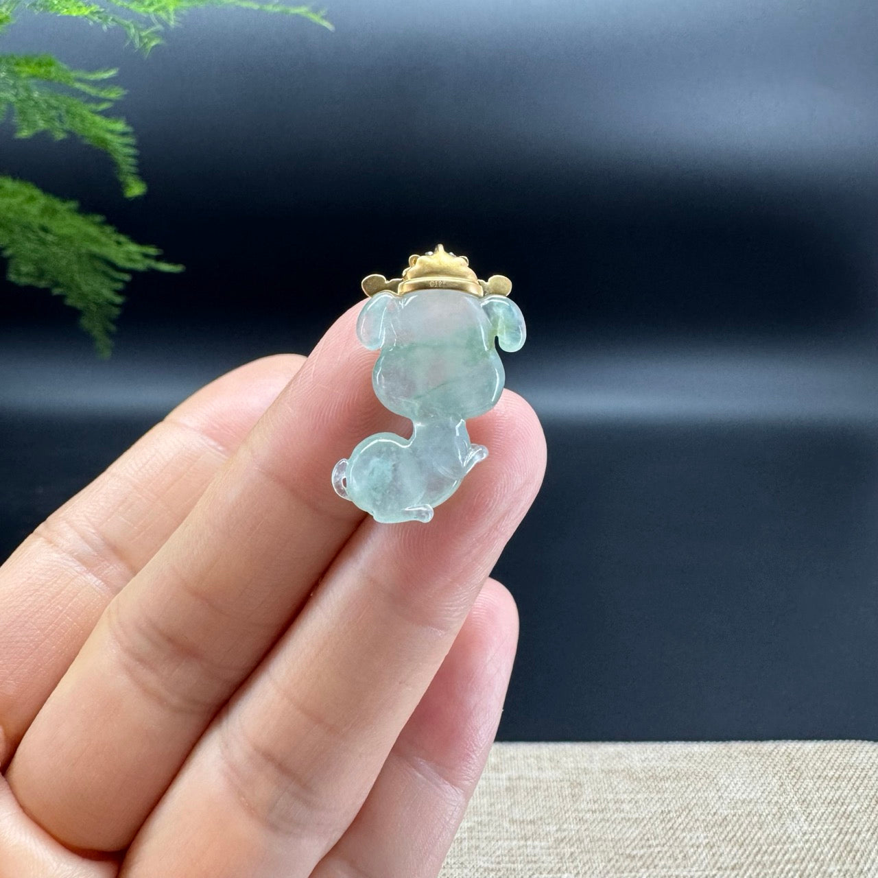 "Good Luck Button" Ice Jadeite Jade Puppy Dog Pendant With 18K Yellow Gold  Diamond Bail