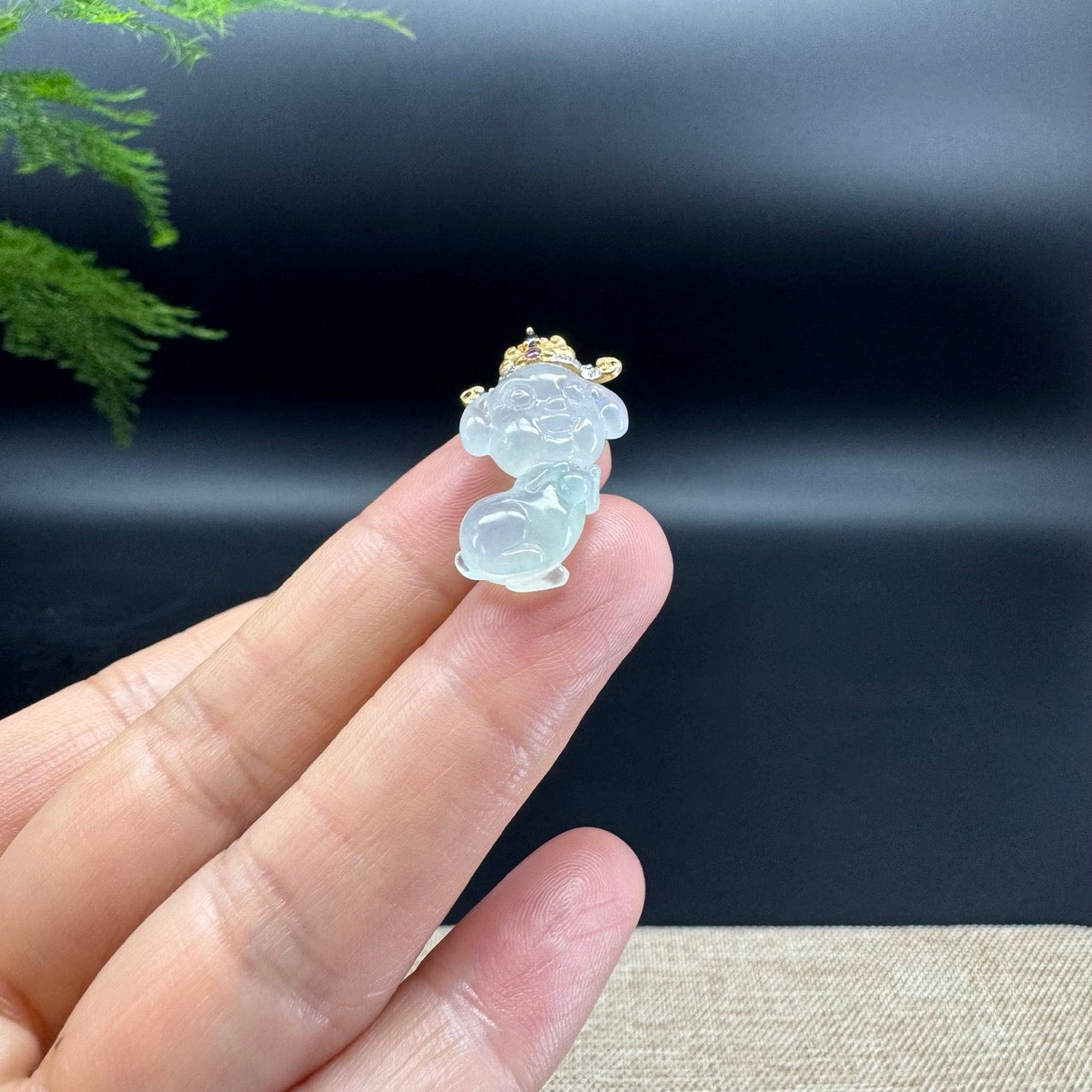 "Good Luck Button" Ice Jadeite Jade Puppy Dog Pendant With 18K Yellow Gold  Diamond Bail