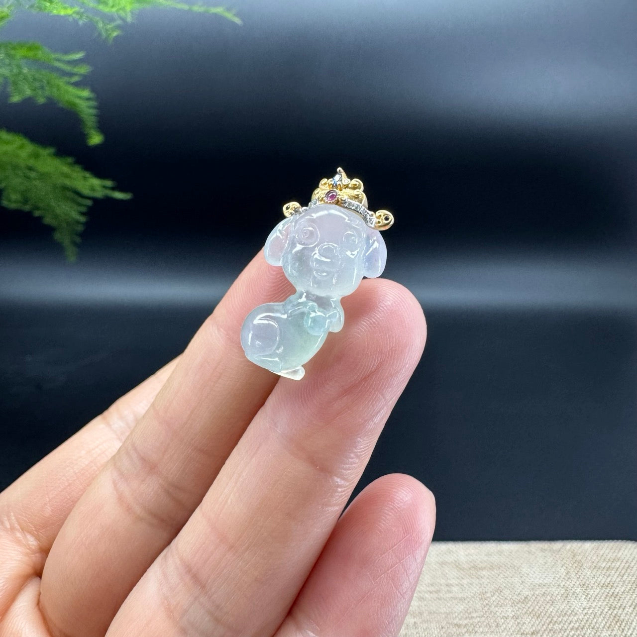 "Good Luck Button" Ice Jadeite Jade Puppy Dog Pendant With 18K Yellow Gold  Diamond Bail