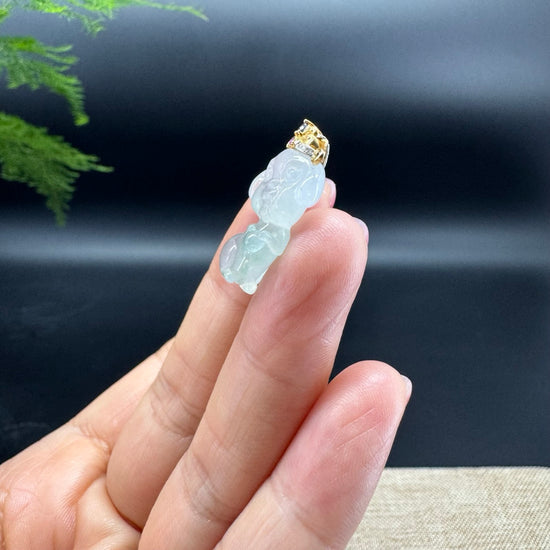 "Good Luck Button" Ice Jadeite Jade Puppy Dog Pendant With 18K Yellow Gold  Diamond Bail