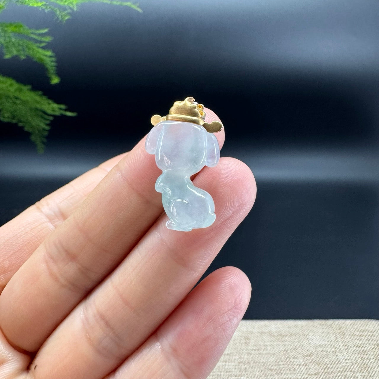 "Good Luck Button" Ice Jadeite Jade Puppy Dog Pendant With 18K Yellow Gold  Diamond Bail