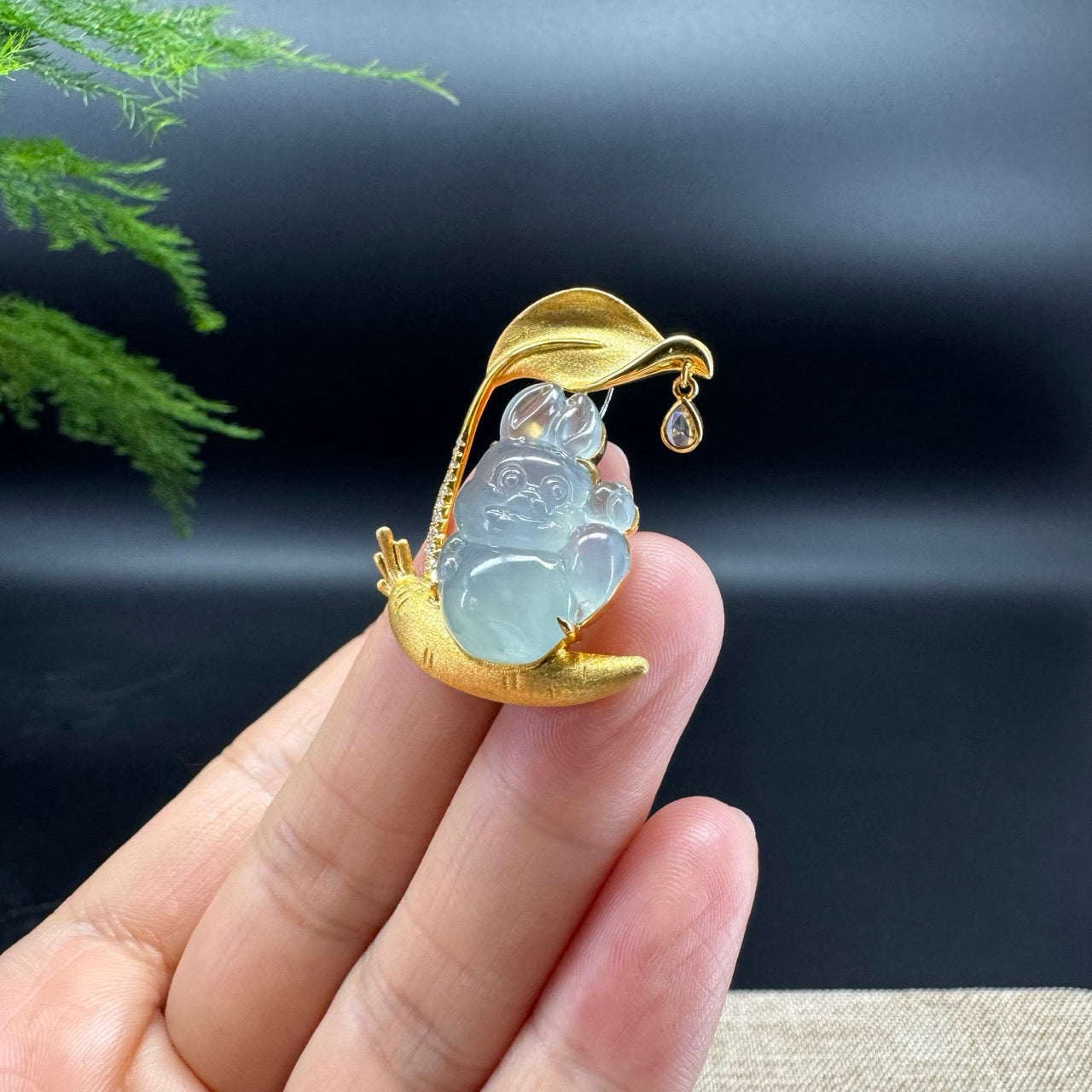 RealJade® 18k Yellow Gold Icy Jadeite Jade Rabbit & Carrot  Pendant Necklace with Diamond