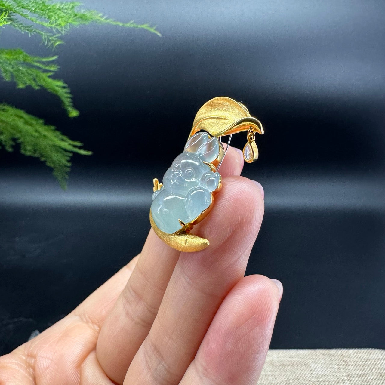 RealJade® 18k Yellow Gold Icy Jadeite Jade Rabbit & Carrot  Pendant Necklace with Diamond