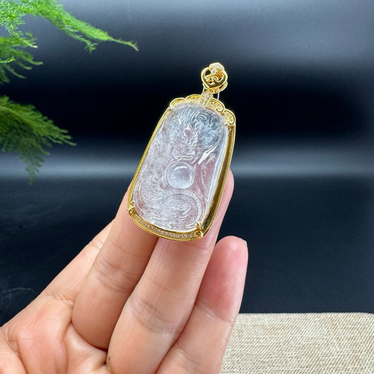 RealJade® Co. 18K Yellow Gold Genuine Icy Jadeite Jade Dragon Pendant With Diamonds