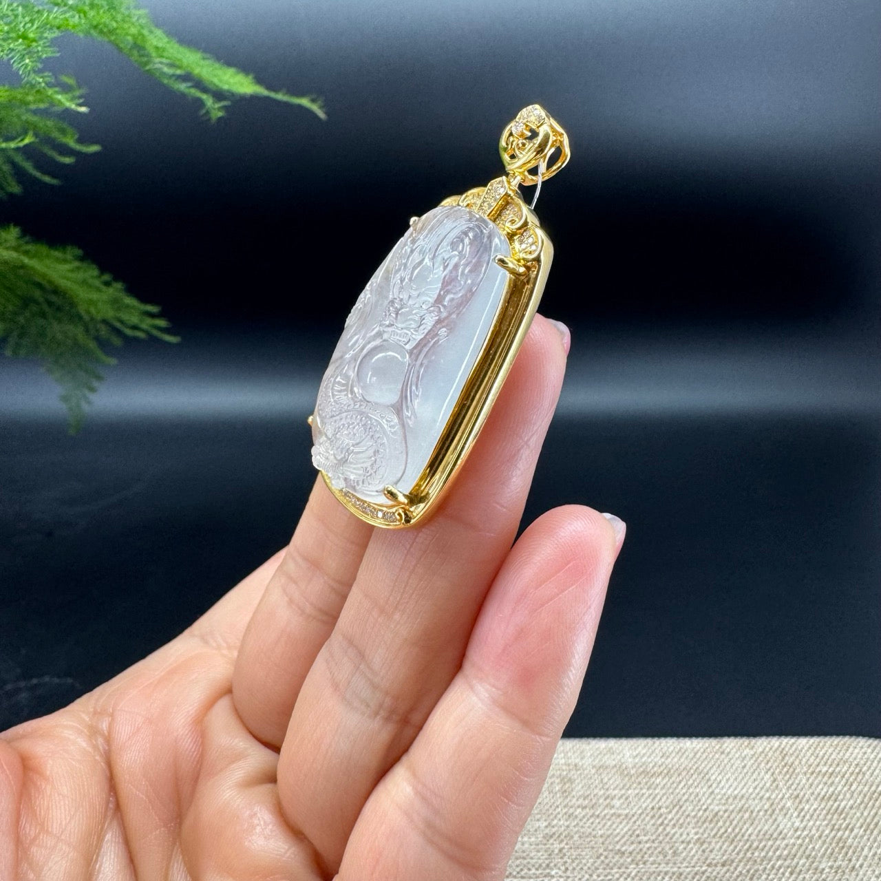 RealJade® Co. 18K Yellow Gold Genuine Icy Jadeite Jade Dragon Pendant With Diamonds