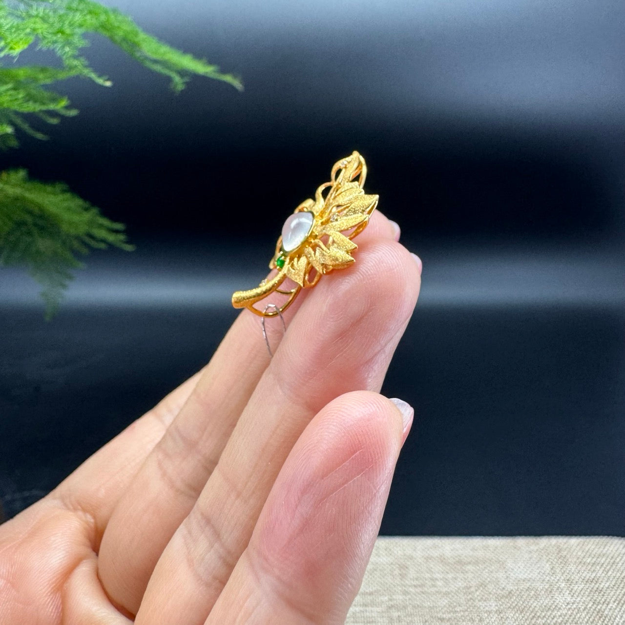 RealJade® "Maple Leaf" 18K Yellow Gold Icy Jadeite Jade Diamonds Pendant