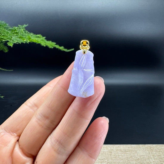 18k Yellow Gold Genuine Burmese Lavender Jadeite Jade Bamboo Pendant