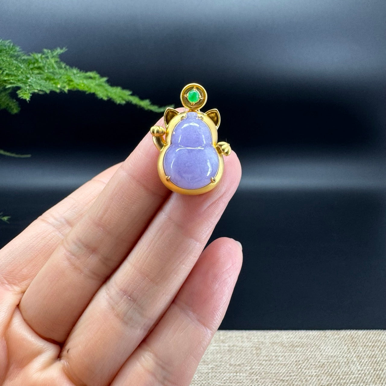 Genuine Lavender Jadeite Jade Good Luck Hulu Necklace With 18K Yellow Gold Bail