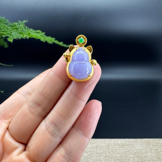 Genuine Lavender Jadeite Jade Good Luck Hulu Necklace With 18K Yellow Gold Bail