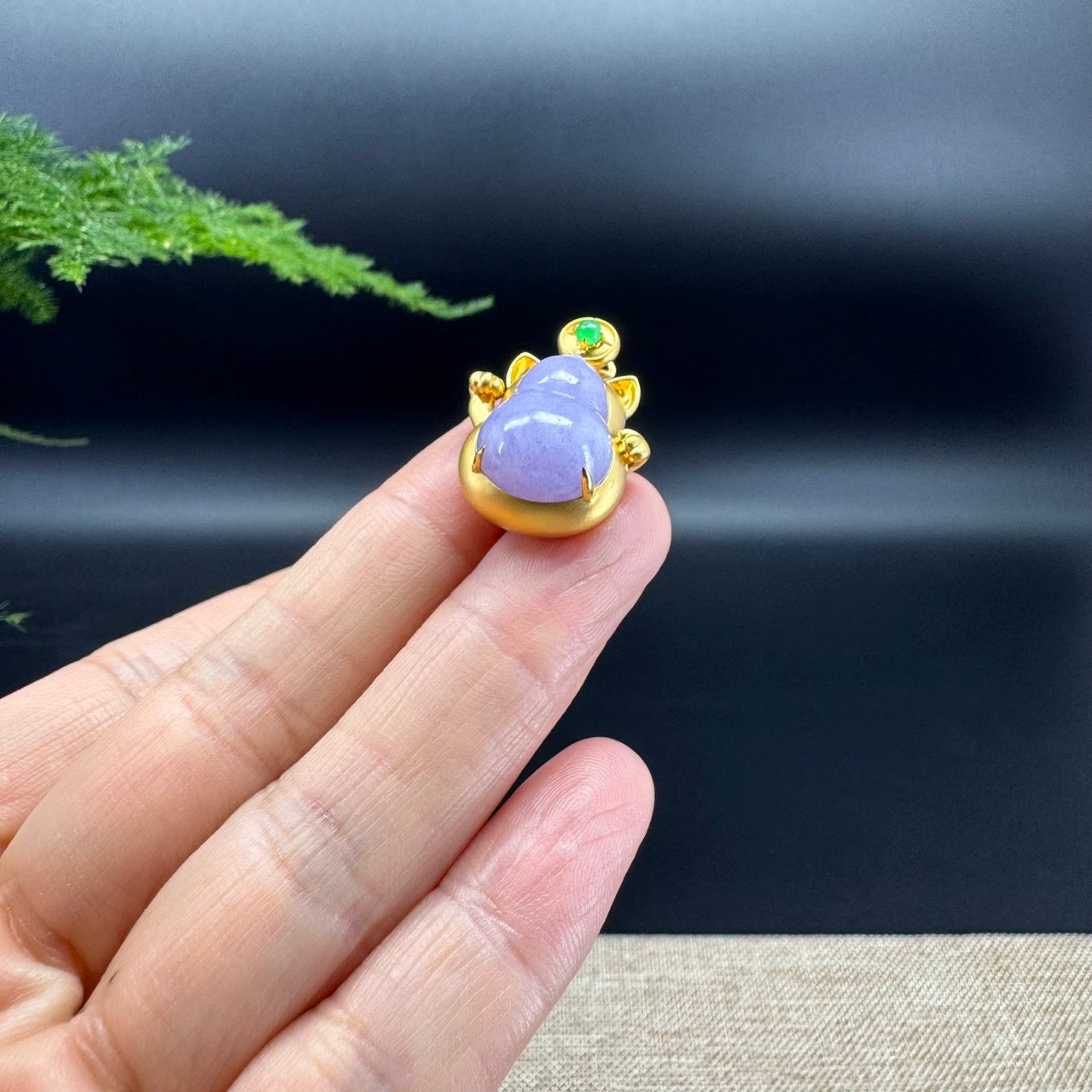 Genuine Lavender Jadeite Jade Good Luck Hulu Necklace With 18K Yellow Gold Bail