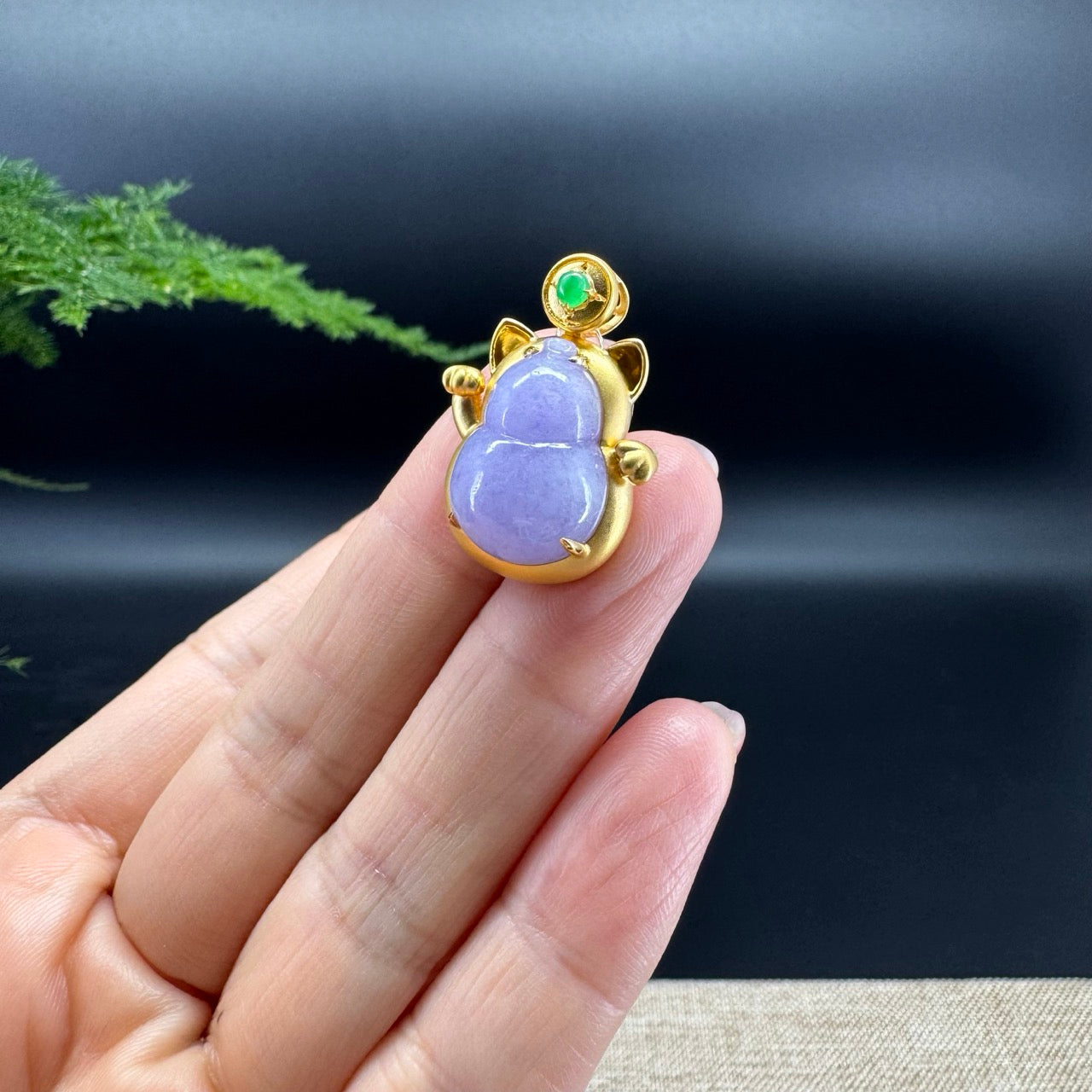 Genuine Lavender Jadeite Jade Good Luck Hulu Necklace With 18K Yellow Gold Bail