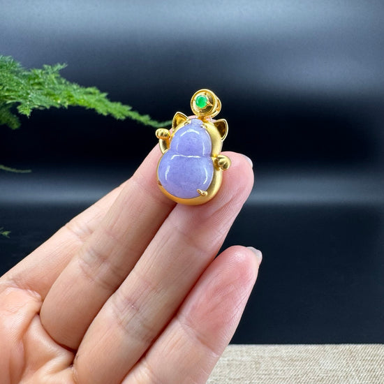 Genuine Lavender Jadeite Jade Good Luck Hulu Necklace With 18K Yellow Gold Bail