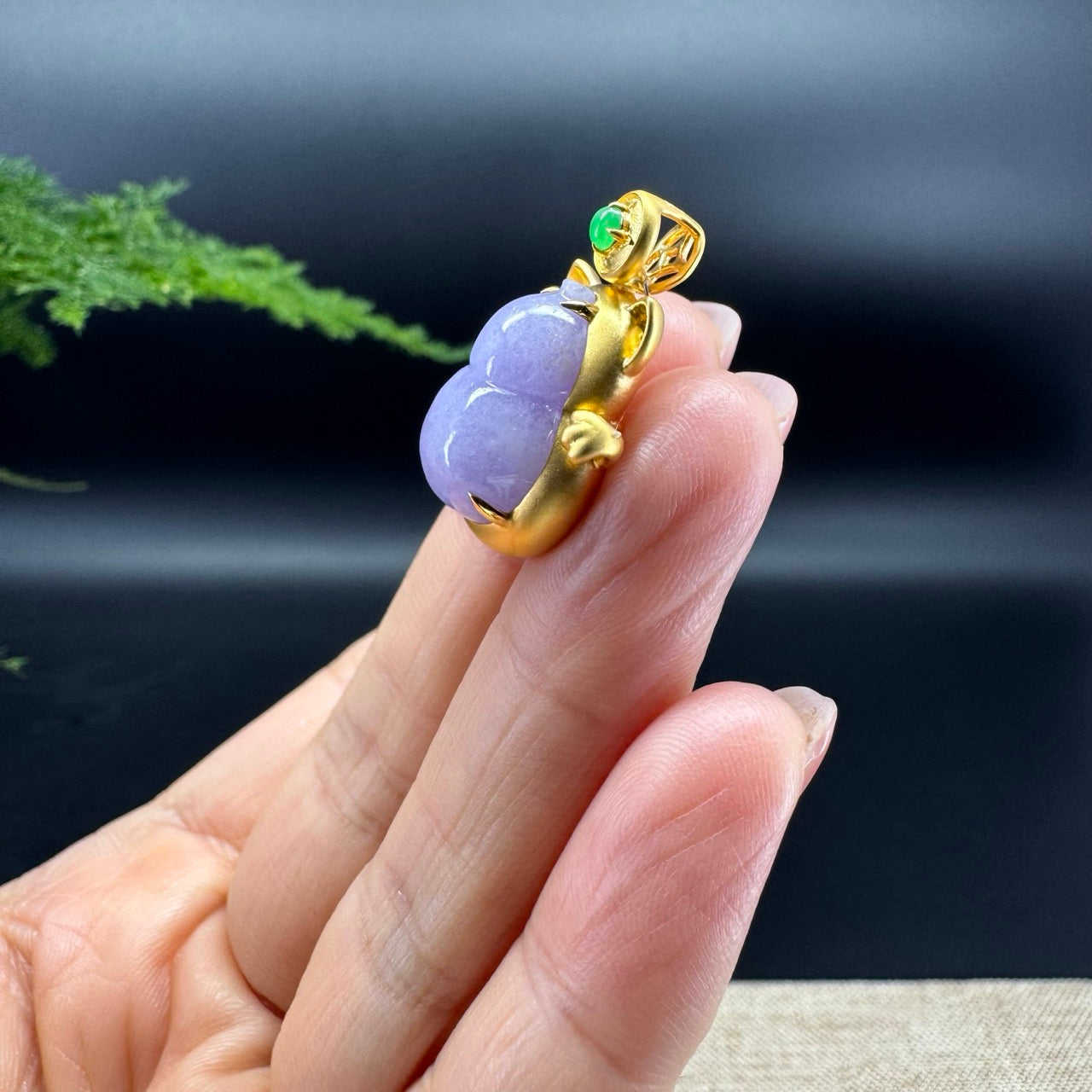 Genuine Lavender Jadeite Jade Good Luck Hulu Necklace With 18K Yellow Gold Bail