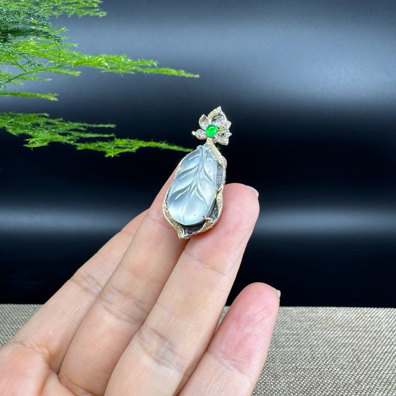 High end RealJade® Co. Genuine Ice Jadeite Jade Jin Zhi Yu Ye (Leaf) Necklace