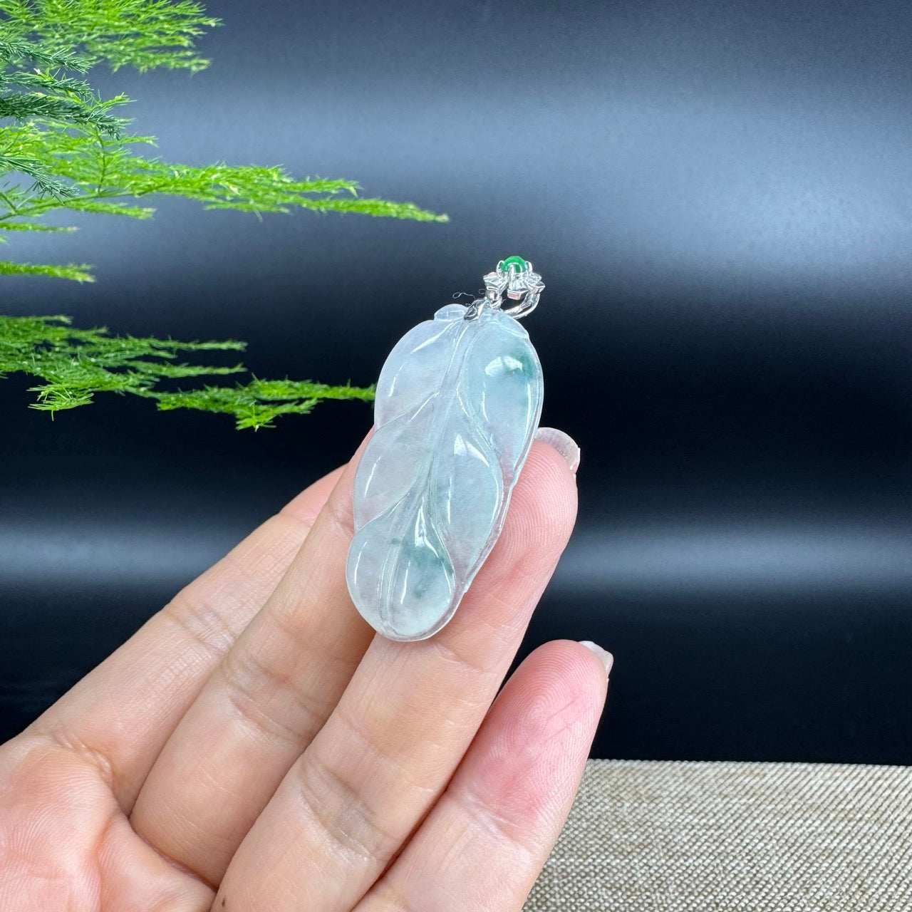 RealJade® Co. Genuine Ice Green Jadeite Jade Jin Zhi Yu Ye (Leaf) Necklace With 18K White Gold Bail