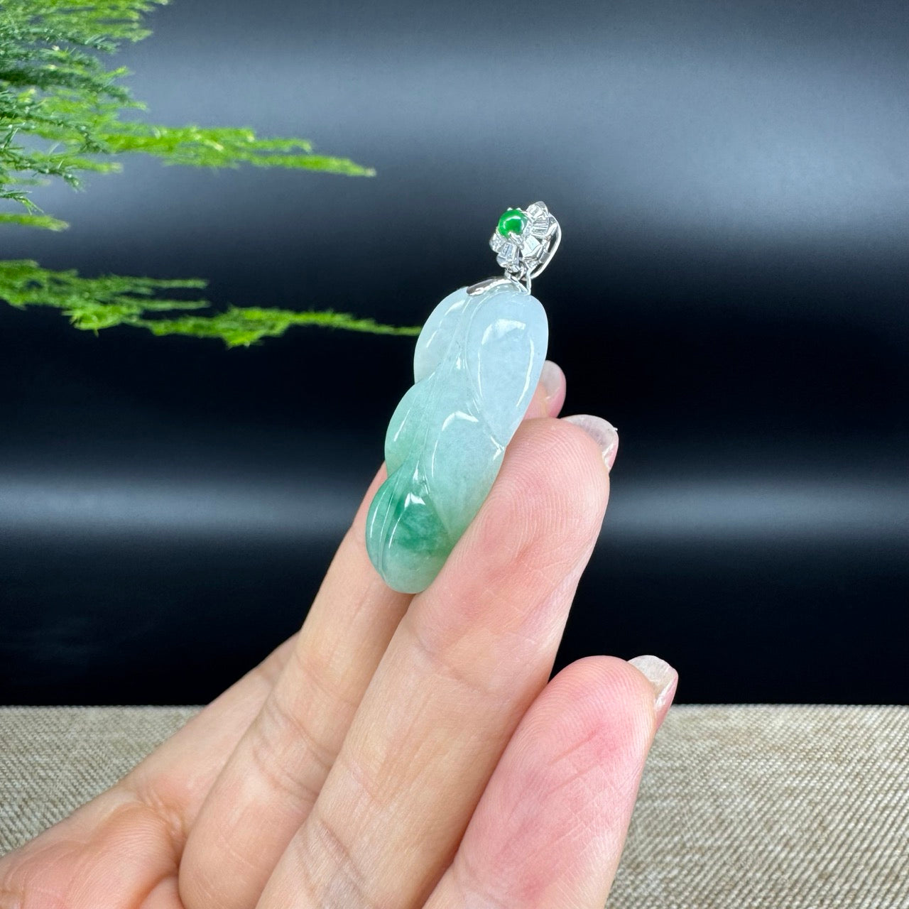 RealJade® Co. Genuine Ice Green Jadeite Jade Jin Zhi Yu Ye (Leaf) Necklace With 18K White Gold Bail