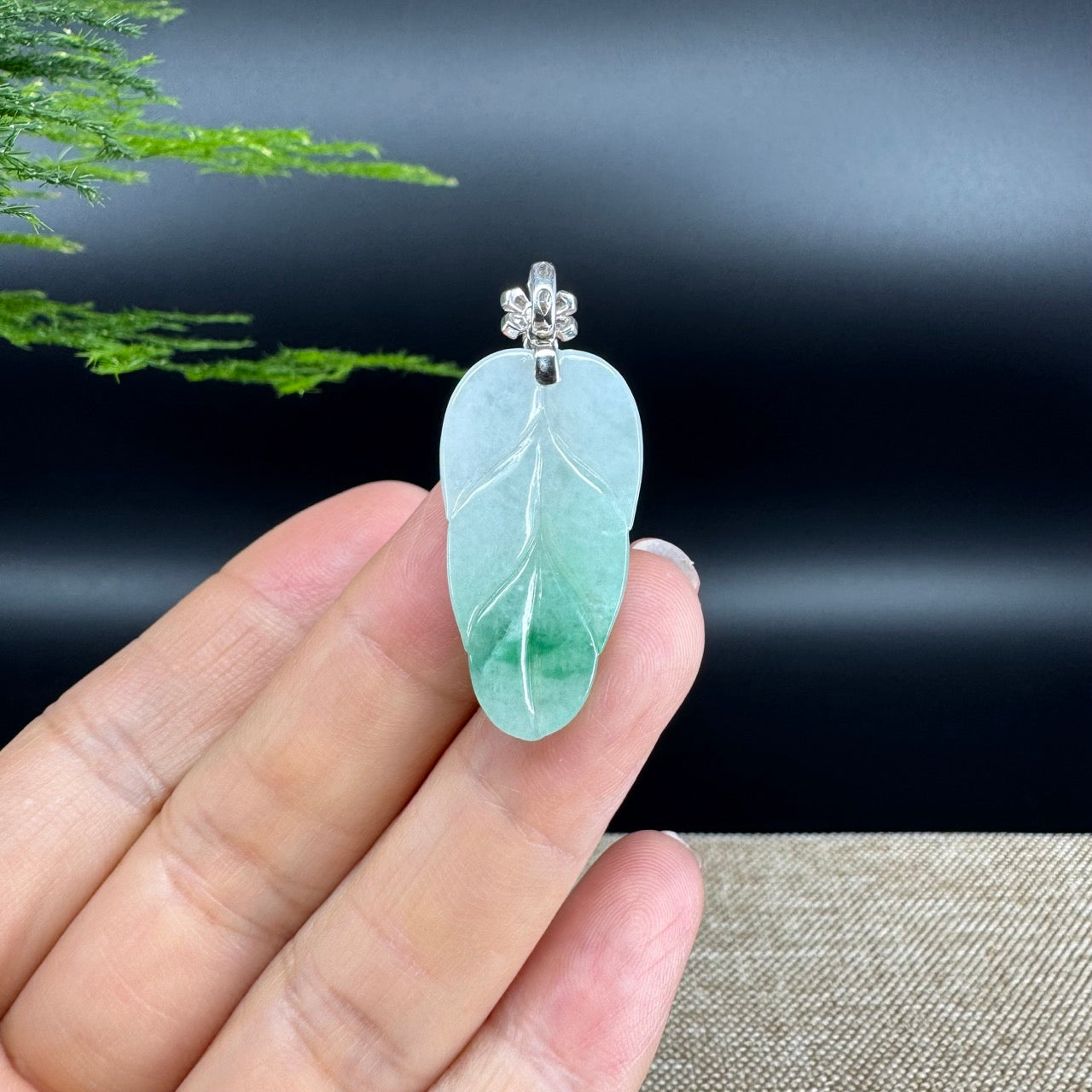 RealJade® Co. Genuine Ice Green Jadeite Jade Jin Zhi Yu Ye (Leaf) Necklace With 18K White Gold Bail