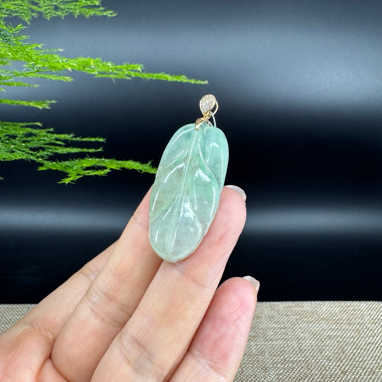 RealJade® Co. Genuine Ice Green Jadeite Jade Jin Zhi Yu Ye (Leaf) Necklace With 18K Rose Gold Bail