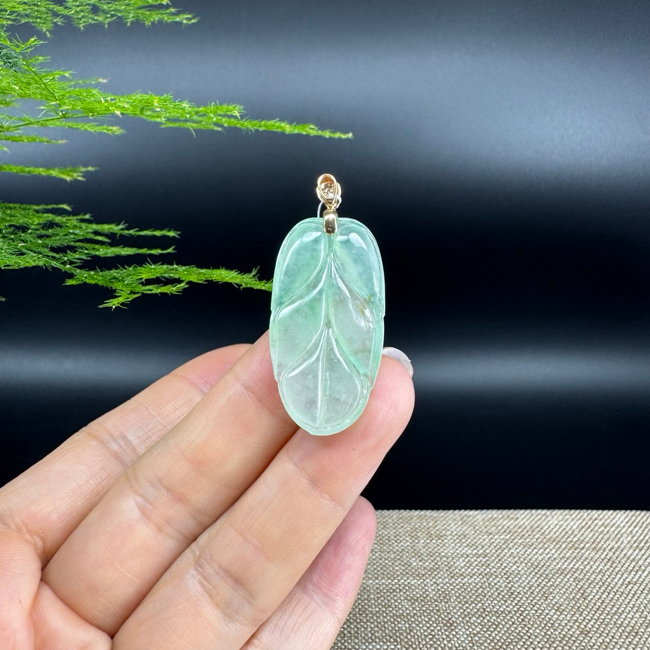 RealJade® Co. Genuine Ice Green Jadeite Jade Jin Zhi Yu Ye (Leaf) Necklace With 18K Rose Gold Bail
