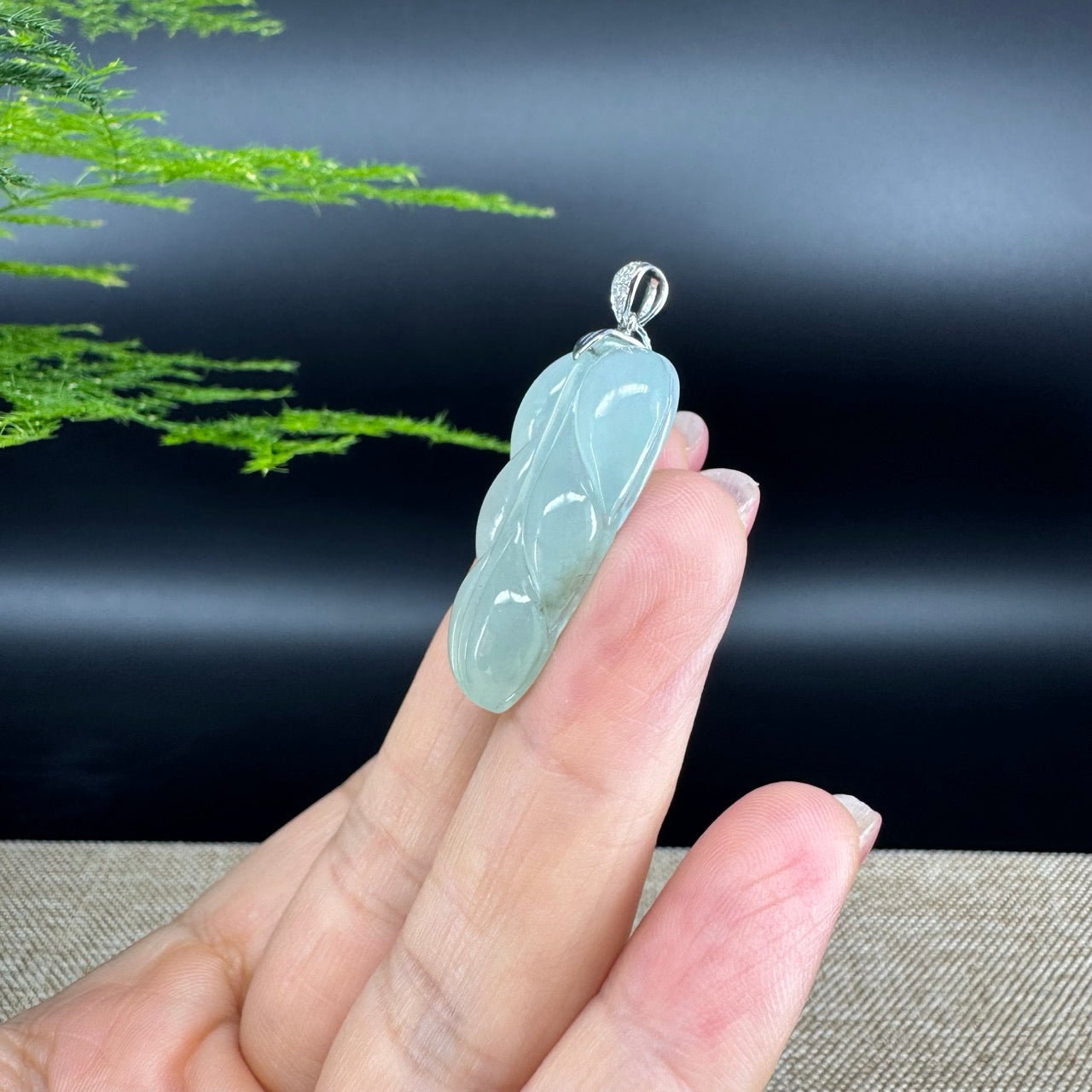 RealJade® Co. Genuine Ice Green Jadeite Jade Jin Zhi Yu Ye (Leaf) Necklace With 18K White Gold Bail