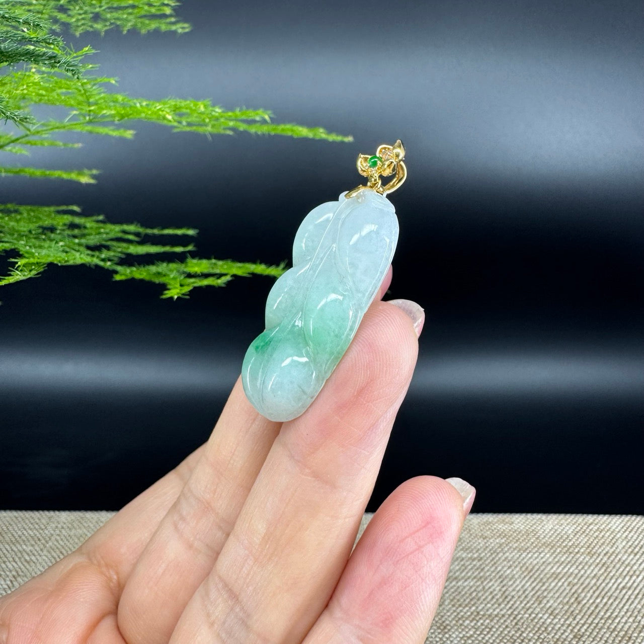 RealJade® Co. Genuine Ice Green Jadeite Jade Jin Zhi Yu Ye (Leaf) Necklace With 18K Yellow Gold Bail