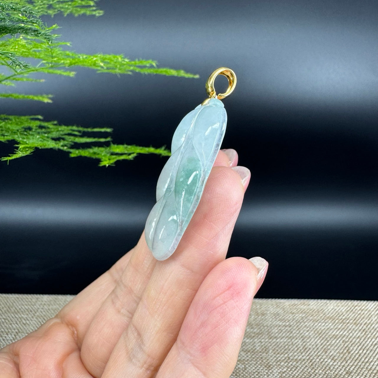 RealJade® Co. Genuine Ice Green Jadeite Jade Jin Zhi Yu Ye (Leaf) Necklace With 18K Yellow Gold Bail