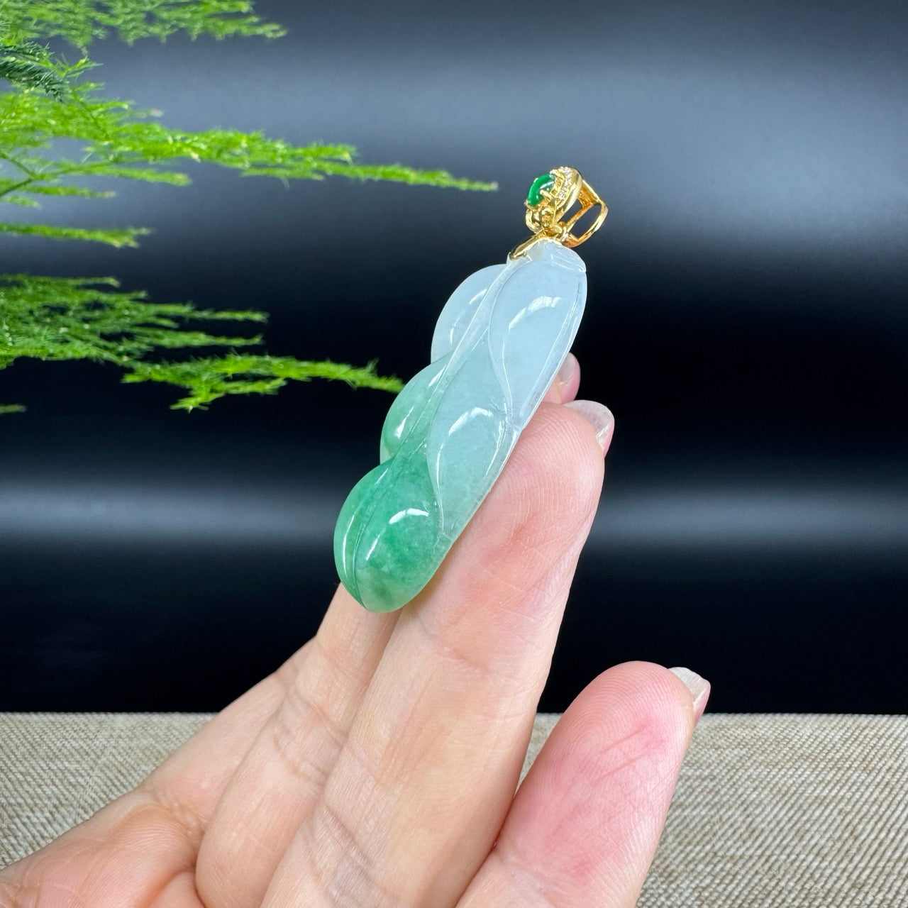 RealJade® Co. Genuine Ice Green Jadeite Jade Jin Zhi Yu Ye (Leaf) Necklace With 18K Yellow Gold Bail
