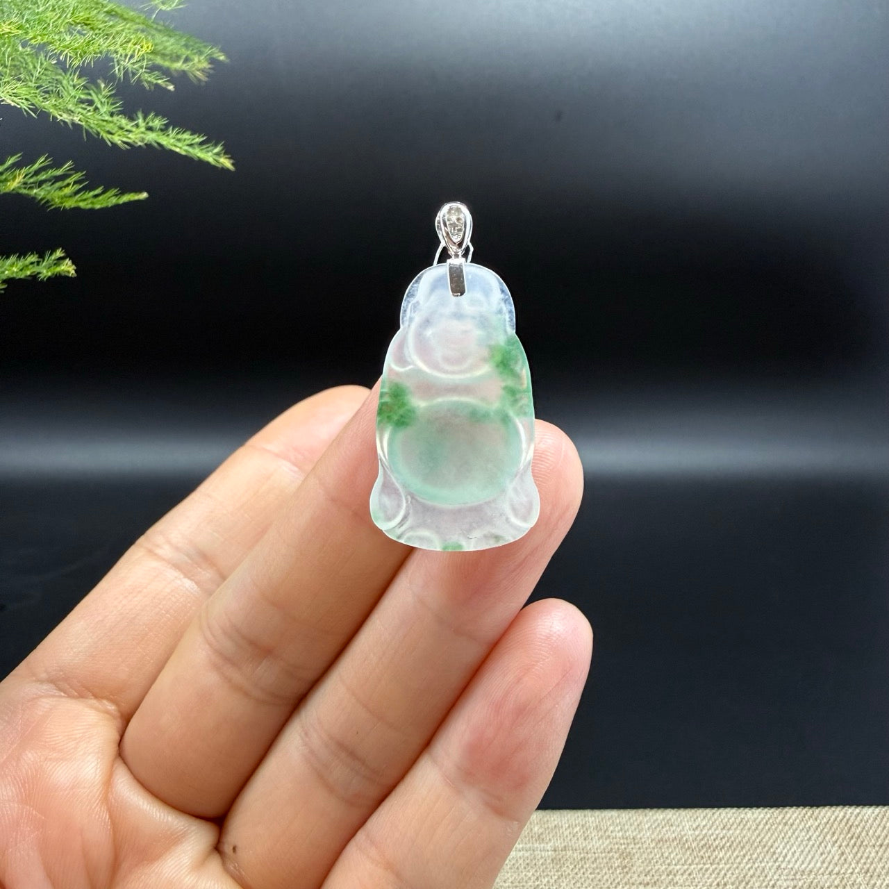 18K White Gold Burmese Icy Spicy Green Jadeite Jade Happy Buddha Pendant