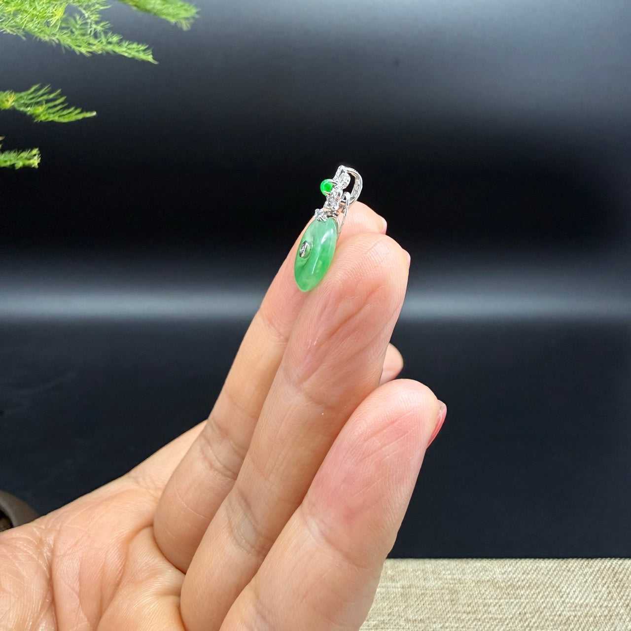 "Good Luck Button" Green Jadeite Jade Lucky KouKou Pendant With 18K White Gold Bail