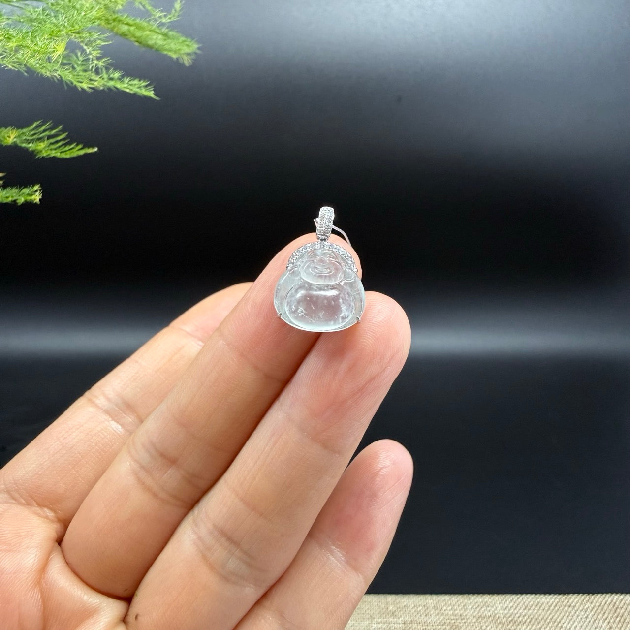 18K White Gold Burmese Icy Jadeite Jade Mini Buddha Pendant With Diamonds