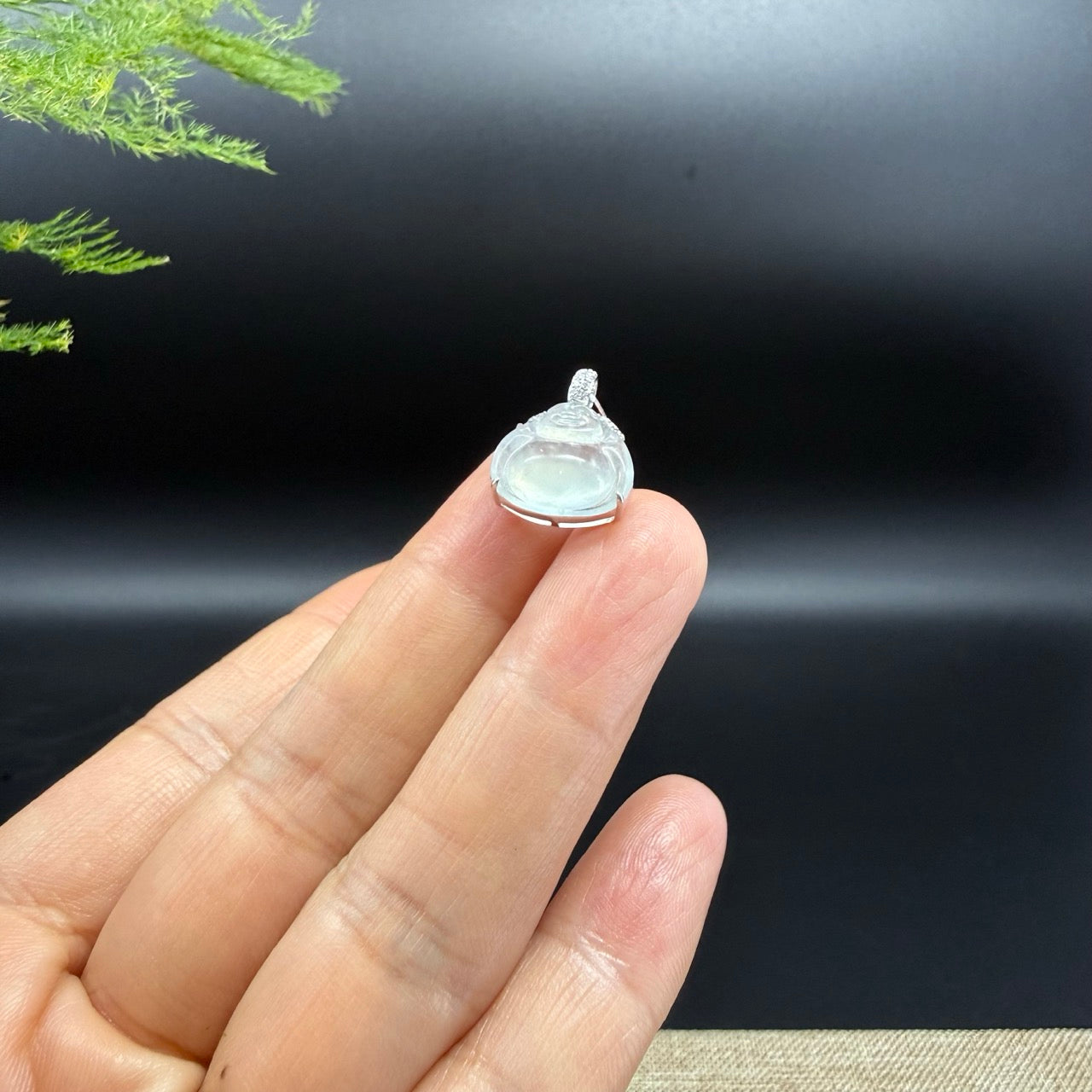 18K White Gold Burmese Icy Jadeite Jade Mini Buddha Pendant With Diamonds