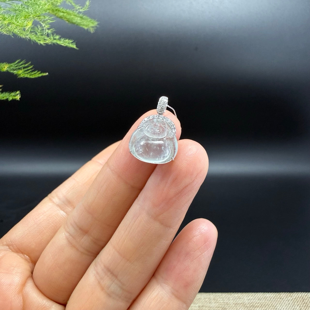 18K White Gold Burmese Icy Jadeite Jade Mini Buddha Pendant With Diamonds