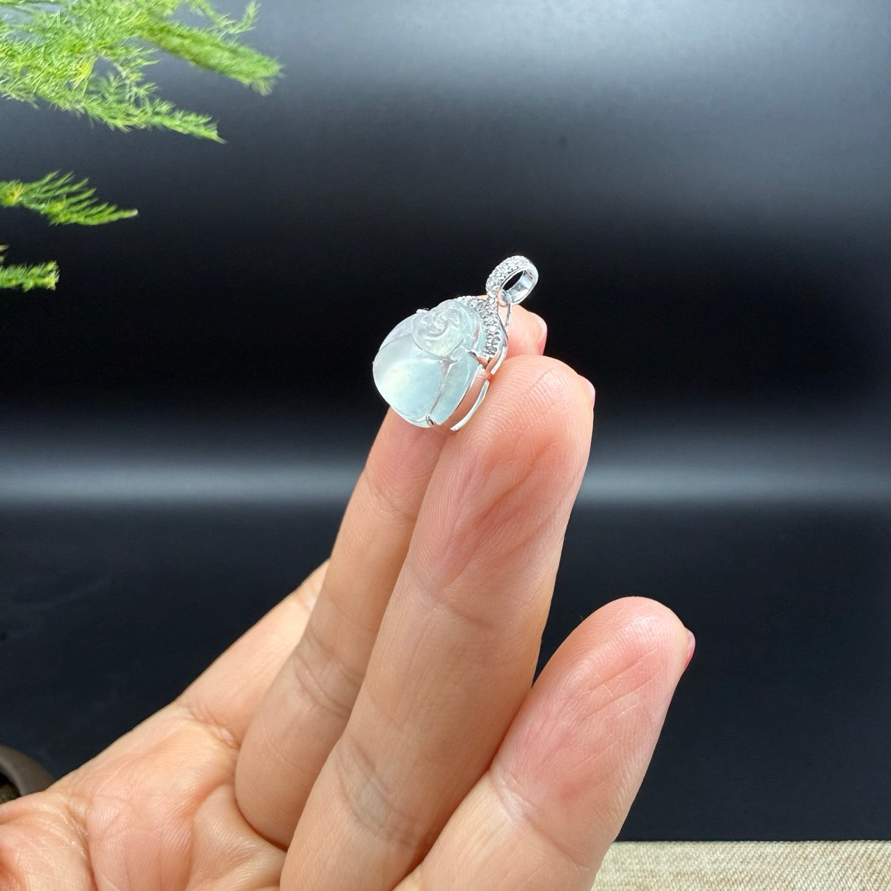 18K White Gold Burmese Icy Jadeite Jade Mini Buddha Pendant With Diamonds