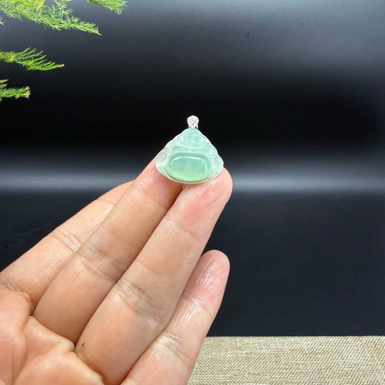 18K White Gold Burmese Icy Apple Green Jadeite Jade Happy Buddha Pendant