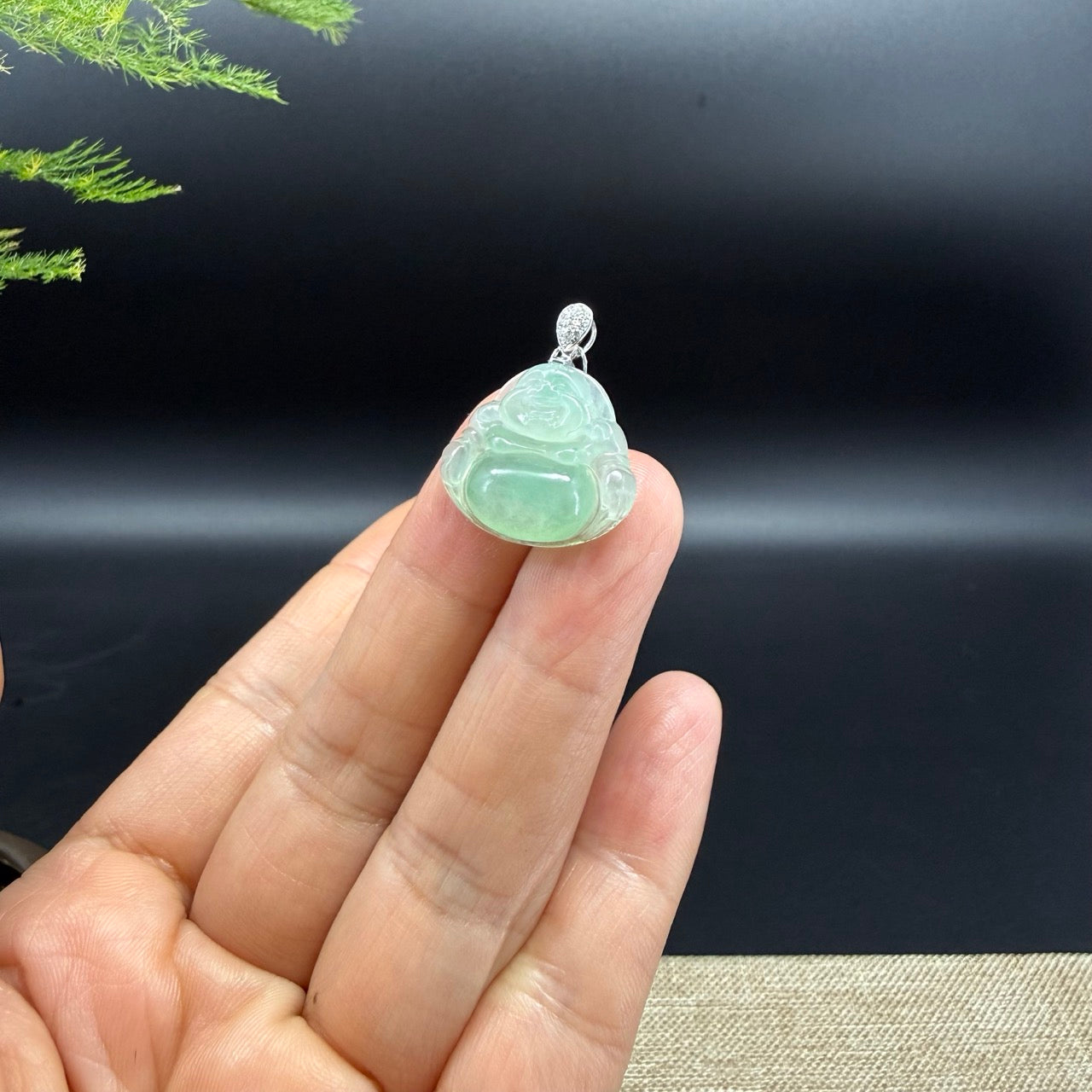18K White Gold Burmese Icy Apple Green Jadeite Jade Happy Buddha Pendant