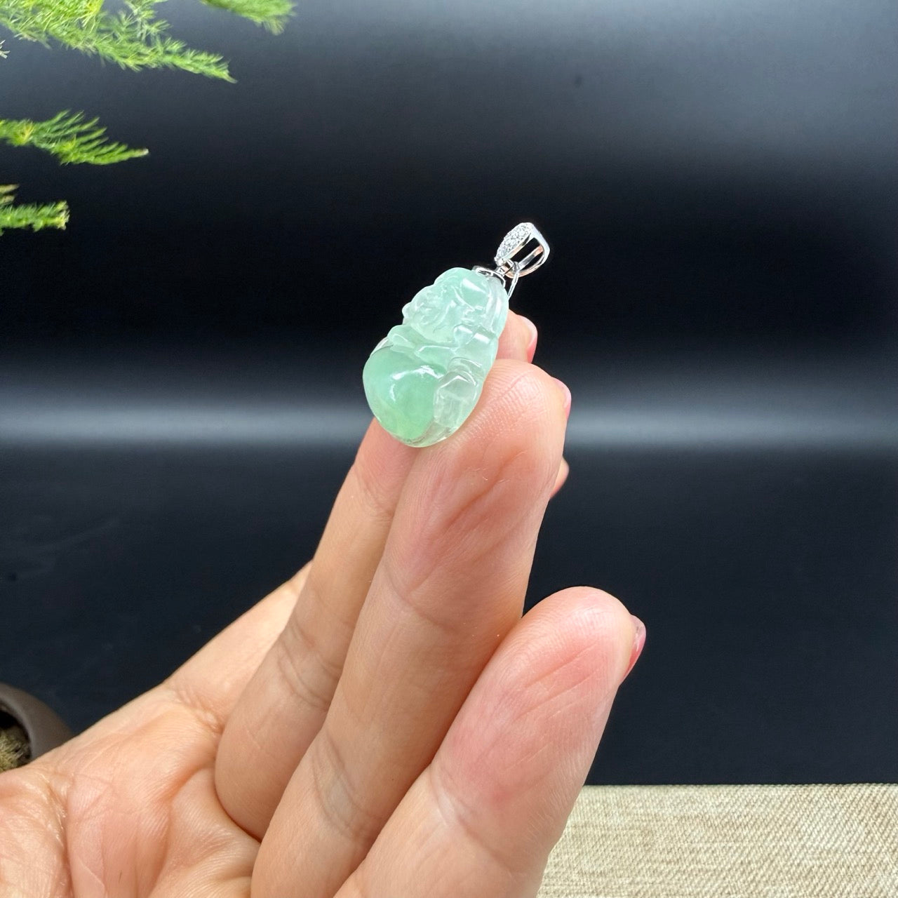 18K White Gold Burmese Icy Apple Green Jadeite Jade Happy Buddha Pendant