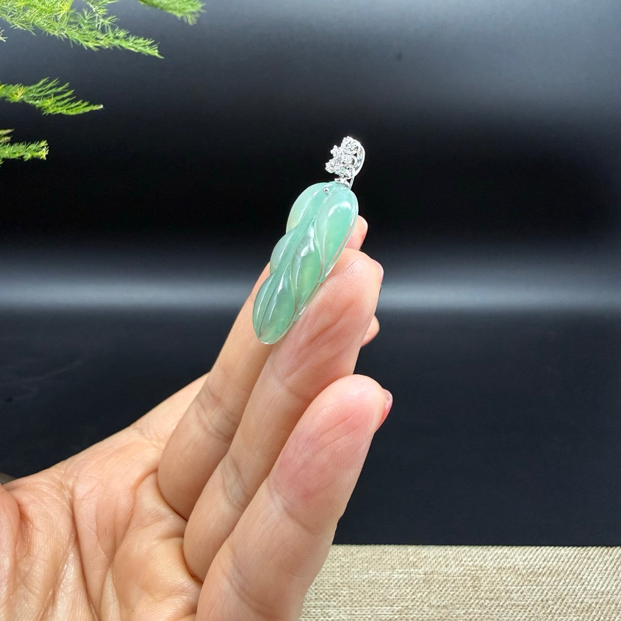 RealJade® Co. Genuine Icy Green Jadeite Jade Jin Zhi Yu Ye (Leaf) Necklace With 18K White Gold Diamonds Bail