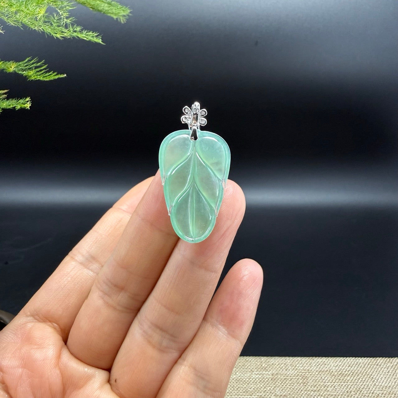 RealJade® Co. Genuine Icy Green Jadeite Jade Jin Zhi Yu Ye (Leaf) Necklace With 18K White Gold Diamonds Bail