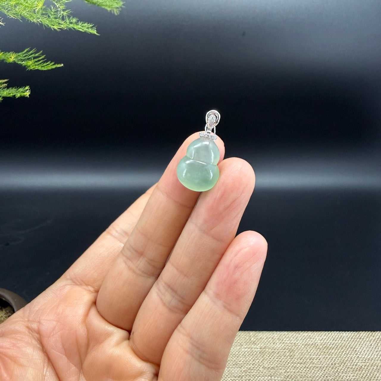 Genuine Icy Green Jadeite Jade Good Luck Hulu Necklace With 18K White Gold Diamonds Bail