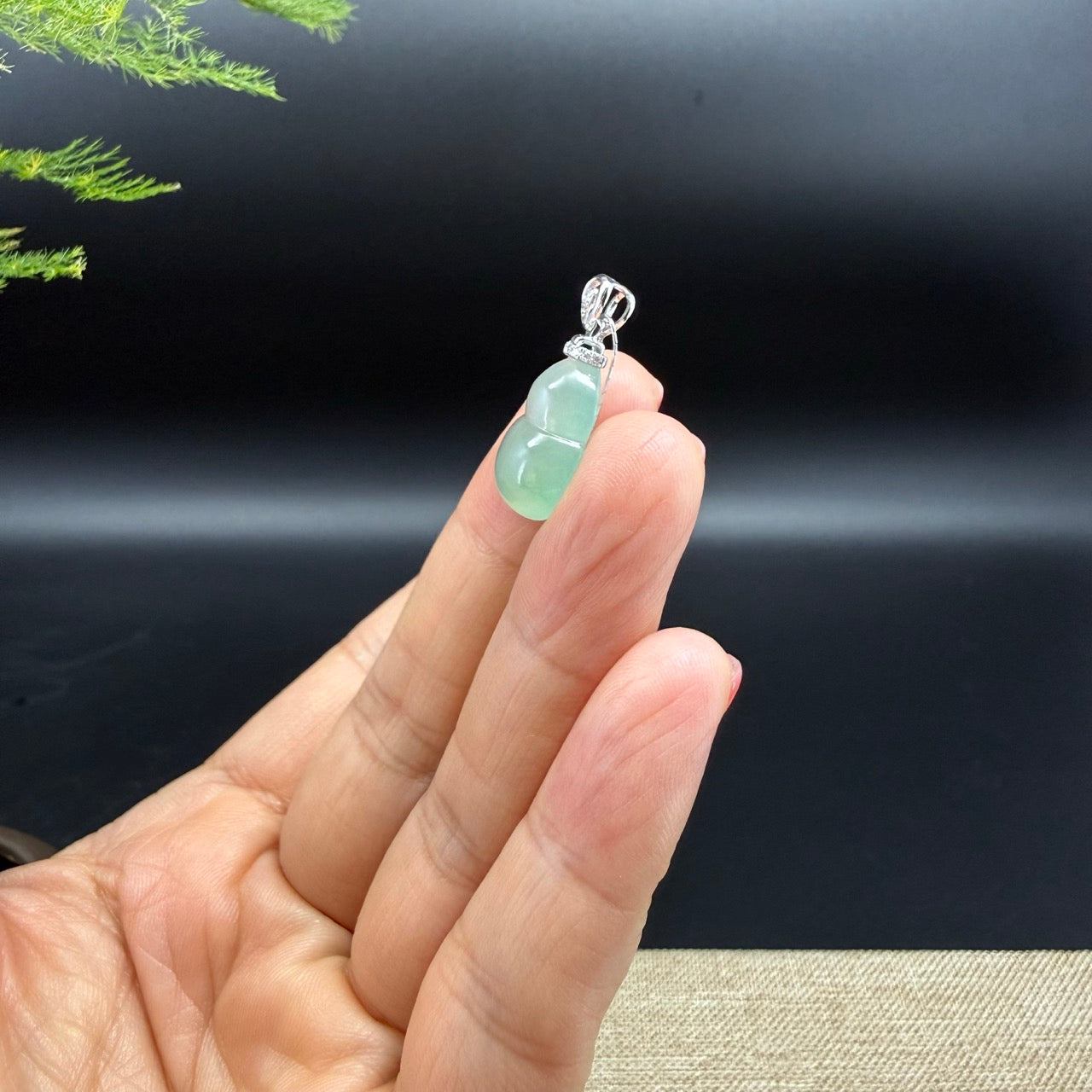 Genuine Icy Green Jadeite Jade Good Luck Hulu Necklace With 18K White Gold Diamonds Bail